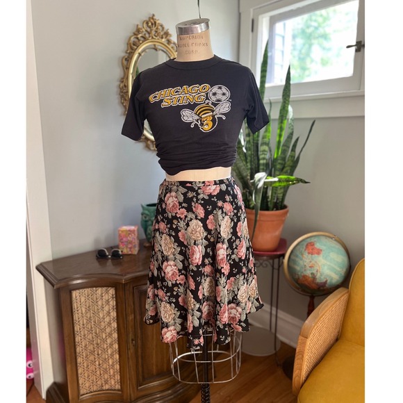 Vintage Express Floral Skirt Black Pink Rose Print Cottagecore Small S - Picture 1 of 7
